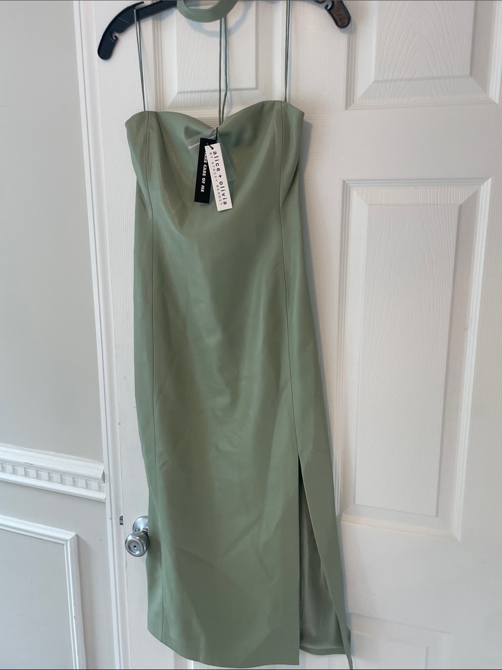 Alice + Olivia Vegan Leather Sage Green Strapless Midi Dress with Choker - Picture 6 of 12
